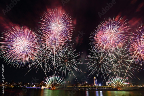 The famous beautiful Dadaocheng fireworks show at night in Taipei Taiwan