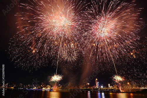 The famous beautiful Dadaocheng fireworks show at night in Taipei Taiwan