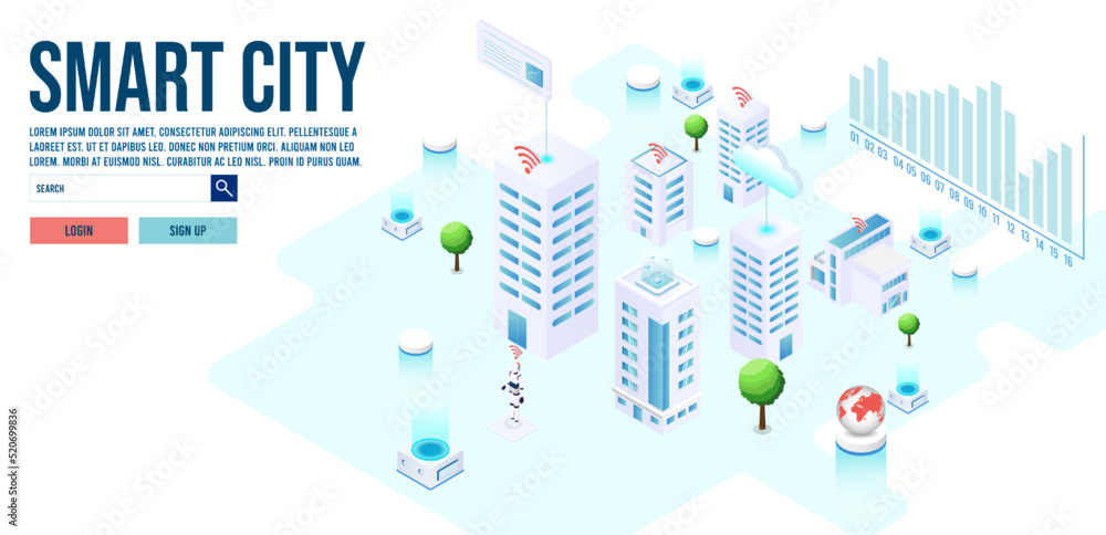 3d isometric Smart City concept with smart services, internet of things, network, public park, building augmented reality concept. Vector illustration eps10