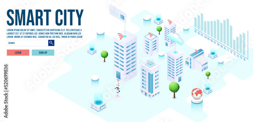 3d isometric Smart City concept with smart services, internet of things, network, public park, building augmented reality concept. Vector illustration eps10