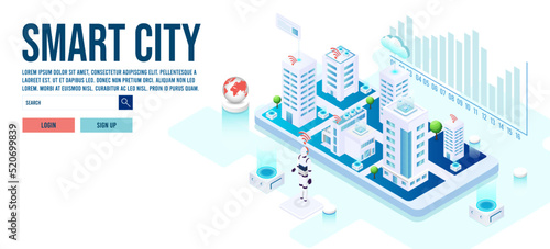 3d isometric Smart City concept with smart services, internet of things, network, public park, building augmented reality concept. Vector illustration eps10