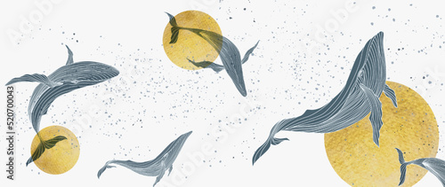 Watercolor art background with whales in line style on the background of the sun. Abstract hand drawn banner for wallpaper design, decor, print, interior design, packaging.