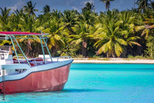 Fototapeta Naklejka Na Ścianę i Meble -  Tropical paradise: caribbean beach with single palm tree and boat, Punta Cana