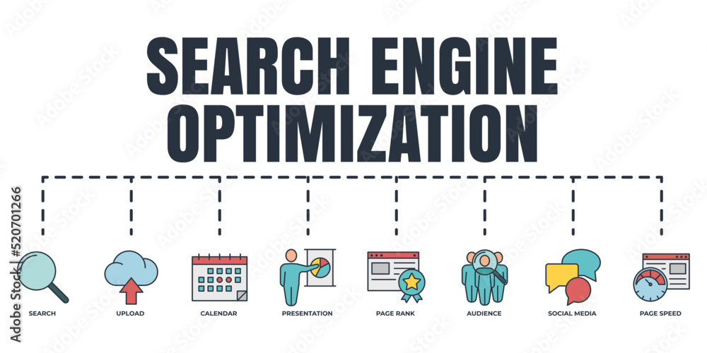 Search Engine Optimization. SEO banner web icon set. page rank, search, social media, calendar, presentation, audience, page speed, upload vector illustration concept. Search Engine Optimization. SEO banner web icon set. page rank, search, social media, calendar, presentation, audience, page speed, upload vector illustration concept.