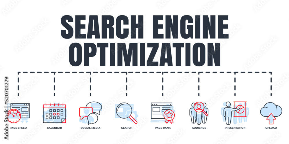 Search Engine Optimization. SEO banner web icon set. page rank, search, social media, calendar, presentation, audience, page speed, upload vector illustration concept. Search Engine Optimization. SEO banner web icon set. page rank, search, social media, calendar, presentation, audience, page speed, upload vector illustration concept.