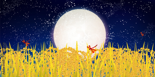 お月見　赤とんぼ　稲　背景