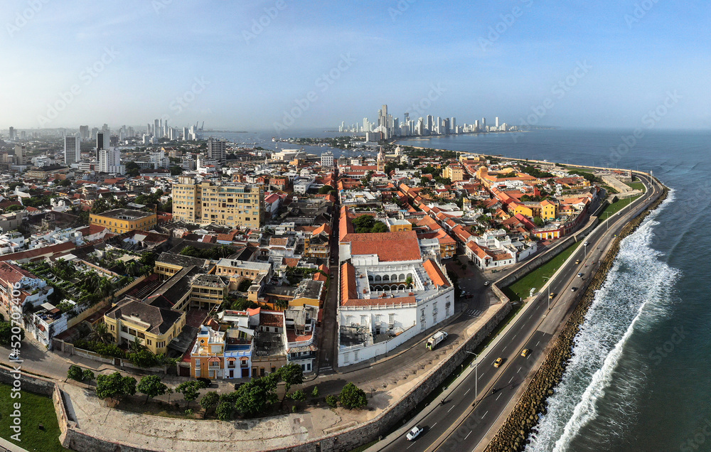 Aerial drone panorama of cartagena old city with skyline in background / Colombia