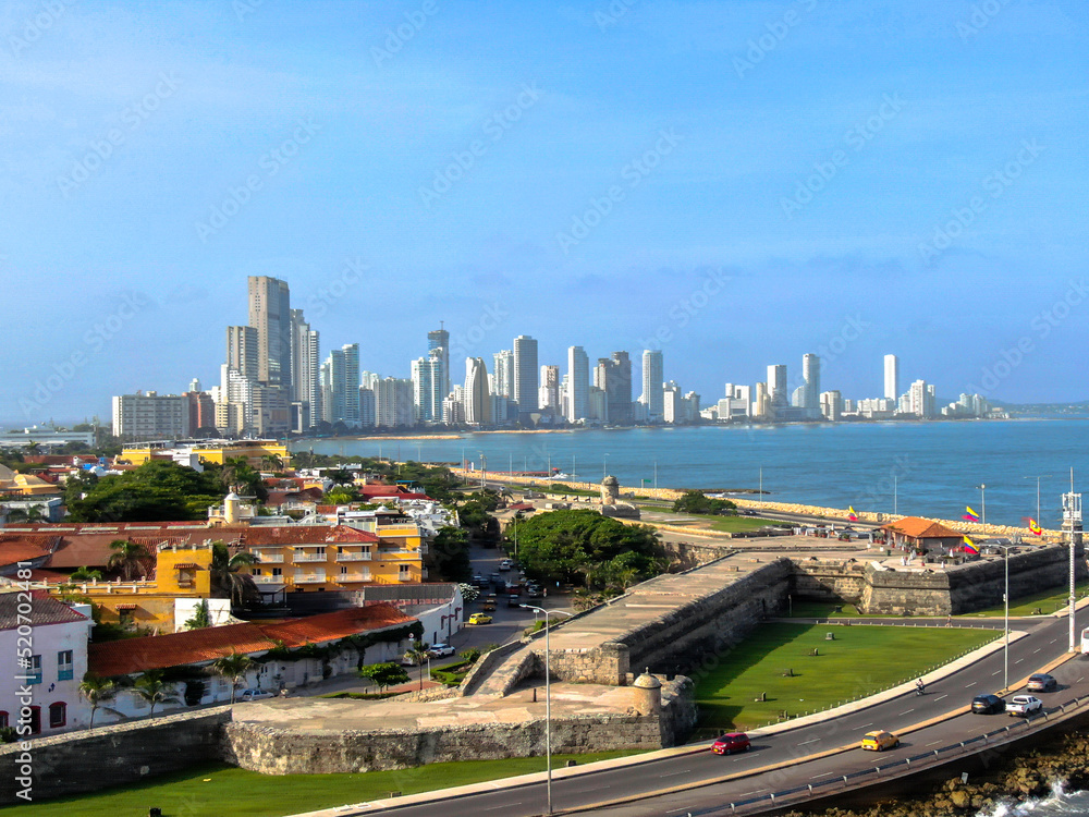 Fototapeta premium drone aerial of cartagena old city with skyline in background