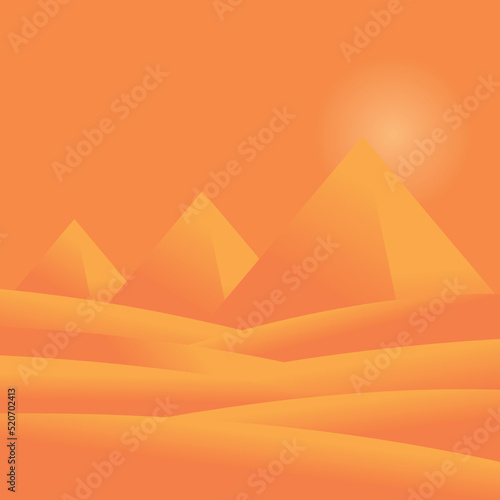 desert illustration with sun and pyramids in orange tones