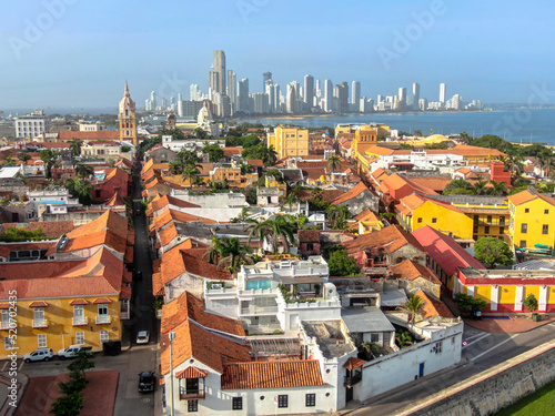 Aerial drone panorama of cartagena old city with skyline in background / Colombia