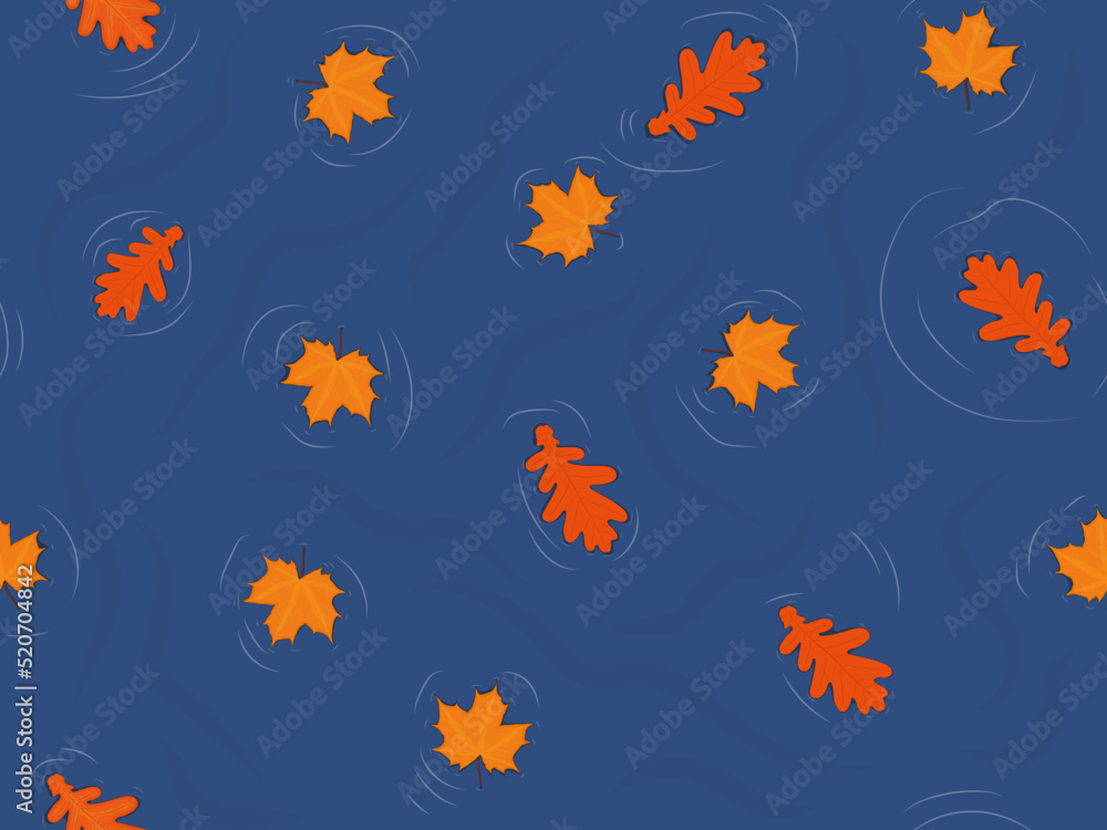 Autumn time pond with orange maple and oak leaves on surface vector illustration