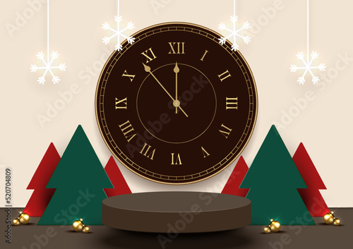 Christmas and New Year design. Stage podium for product display, advertising decoration with objects for festive in vintage style. Vector illustration.