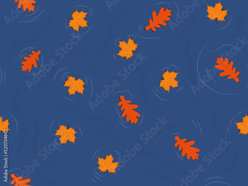 Autumn time pond with orange maple and oak leaves on surface vector illustration