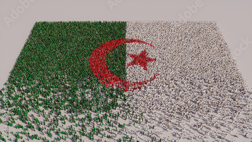 Aerial view of a Crowd of People, congregating to form the Flag of Algeria. Algerian Banner on White Background. photo