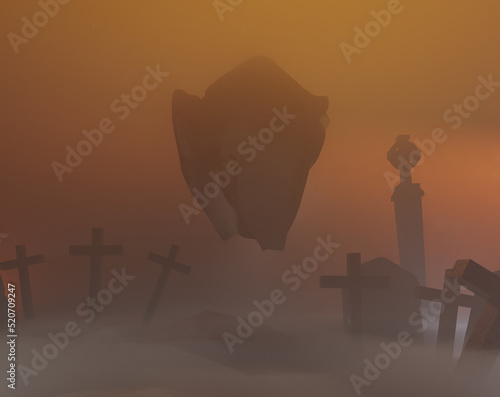 3D Render Model Ghost Floating in Old Cemetery with Fog
