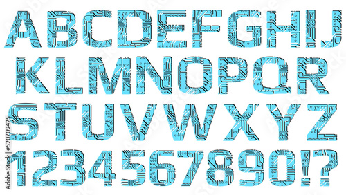 Set of latin digital alphabet perforated with PCB circuit board tracks isolated on white. Colored capital letters for modern digital world. Design element.