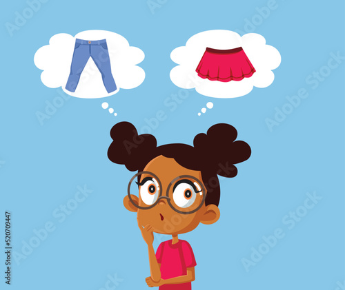 Girl Choosing Between Pants and Skirt Fashion Items Vector Cartoon. Little child having a fashion dilemma picking her outfit
