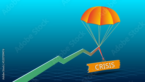 Sign with word Crisis pulls the graph arrow down and parachute holds the arrow on blue background with copy space.