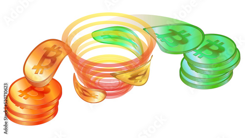 Dirty bitcoins go through Tornado Cash and become clean in isometric view isolated on white. Tornado Cash is service for confidential transfer of cryptocurrency. Banner for news.