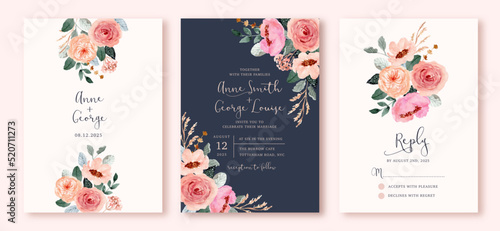 wedding invitation set with pink peach floral watercolor