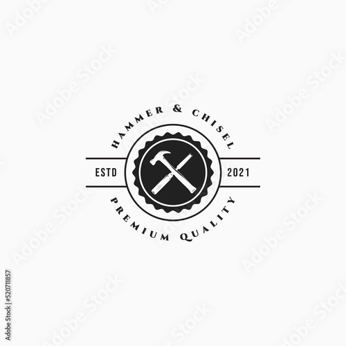 Simple hammer and chisel vector illustration design. Vintage carpentry logo concept