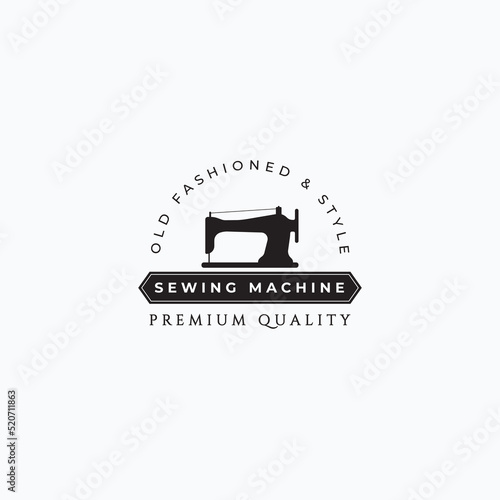 Vintage minimalist sewing machine with banner vector illustration design. Simple tailor logo concept