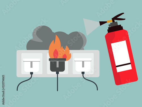 コンセント 火事 消火器で消す ベクターイラスト