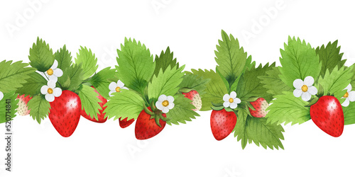 Seamless strawberry border. Watercolor ornament isolated on white background.