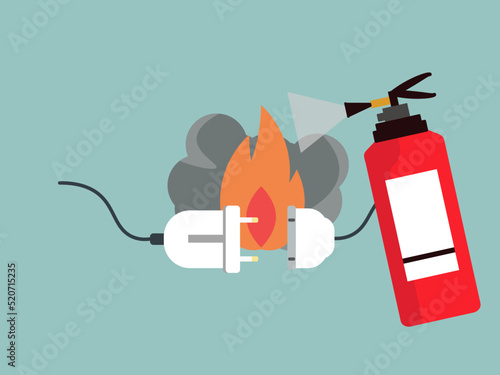 コンセント プラグ 火事 消火器 火災 ベクターイラスト