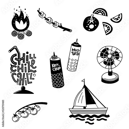 Set of summer symbols. Simple black and white doodle illustration, isolated.