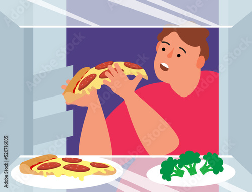 hungry fat man eats pepperoni pizza slice  at night fridge view   vector illustration