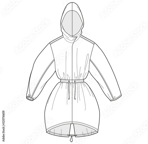 women long rain coat with hoodie waterproof jacket long sleeve running, cycling jacket flat sketch vector illustration