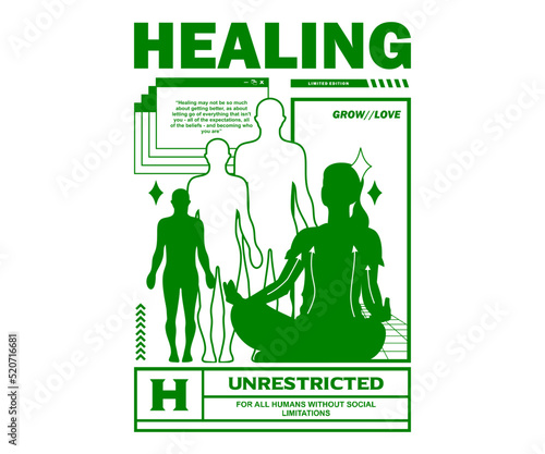 Vintage illustration of Healing meditation  yoga t shirt design, vector graphic, typographic poster or tshirts street wear and Urban style