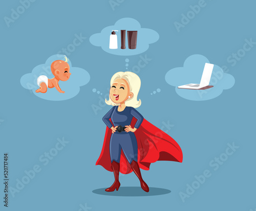 Super Woman Dealing with Career and Family Work Vector Cartoon. Cheerful mom feeling powerful and super strong dealing with mom life and her job
