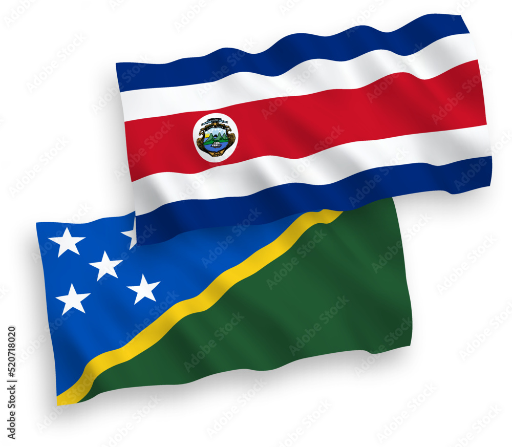 National vector fabric wave flags of Republic of Costa Rica and Solomon Islands isolated on white background. 1 to 2 proportion. National vector fabric wave flags of Republic of Costa Rica and Solomon Islands isolated on white background. 1 to 2 proportion.