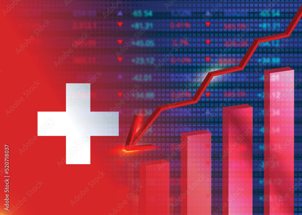 Economic crisis in Switzerland.Financial crisis concept.Switzerland flag with stock chart Economic crisis in Switzerland.Financial crisis concept.Switzerland flag with stock chart