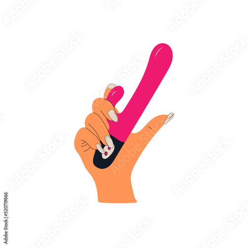 Sex life, a hand with colorful manicure holding a silicone massager vibrator. Vector