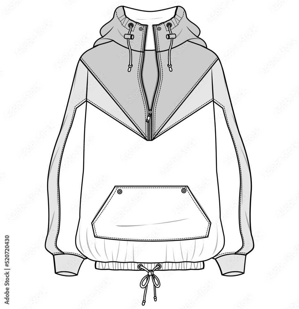 Long sleeve hoodie sweat jacket with zipper overall technical fashion flat  sketch template front and back views vector  CanStock