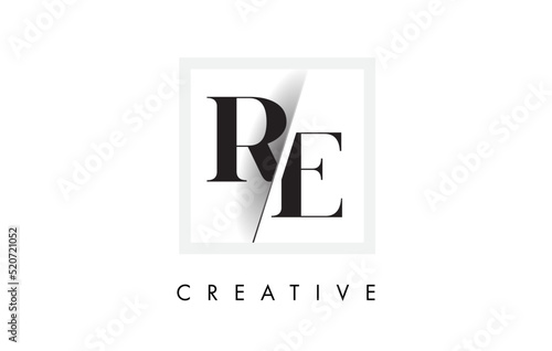 RE Serif Letter Logo Design with Creative Intersected Cut.