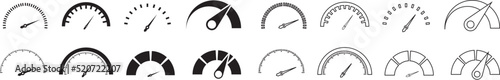 Speedometers icons set. Speed indicator sign. Performance concept. Fast speed sign. Vector illustration photo
