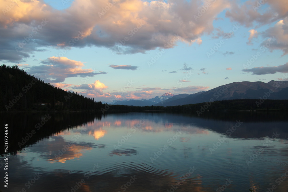 sunset over lake, Jasper National Park, Alberta
