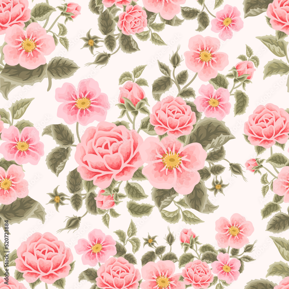 Vintage Pastel Pink Rose, Blossom, Peony Flower Bunch Seamless Pattern