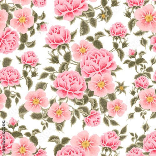 Vintage Pastel Pink Rose, Blossom, Peony Flower Bunch Seamless Pattern