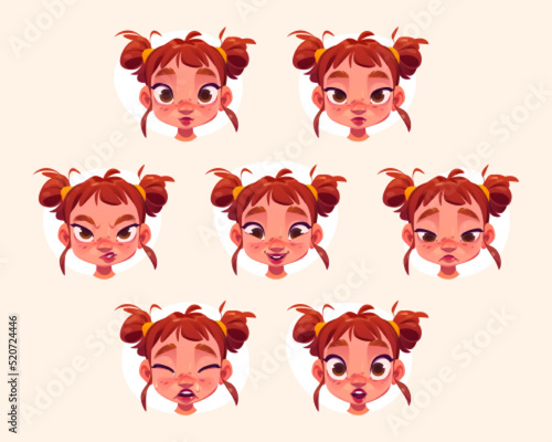 Cule little girl face with different emotions. Vector cartoon set of child portraits isolated on background. Baby girl character laugh, sad, surprise, cry and angry