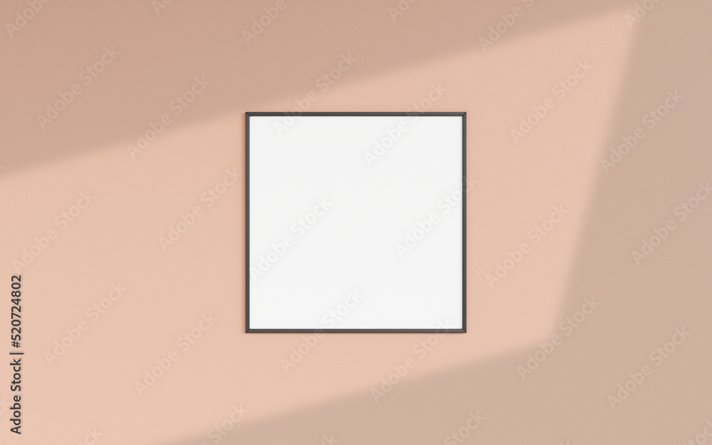 Clean and minimalist front view square black photo or poster frame mockup hanging on the wall with shadow overlay. 3d rendering. Clean and minimalist front view square black photo or poster frame mockup hanging on the wall with shadow overlay. 3d rendering.