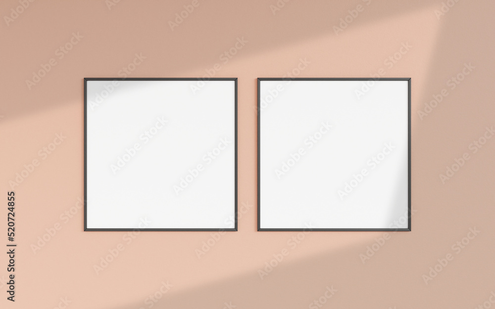Clean and minimalist front view square black photo or poster frame mockup hanging on the wall with shadow overlay. 3d rendering. Clean and minimalist front view square black photo or poster frame mockup hanging on the wall with shadow overlay. 3d rendering.