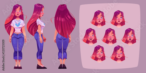 Pretty girl in front, side and back view. Young woman face with different emotions. Vector cartoon illustration of beautiful lady with long pink hair smile, sad, laugh, cry, shy and angry