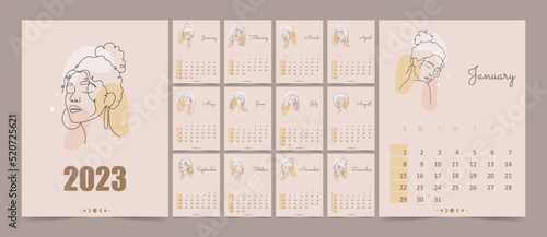 Calendar 2023 with abstract women faces in one line style. Week starting on sunday. Flat minimal desk or wall picture design. Vector template.