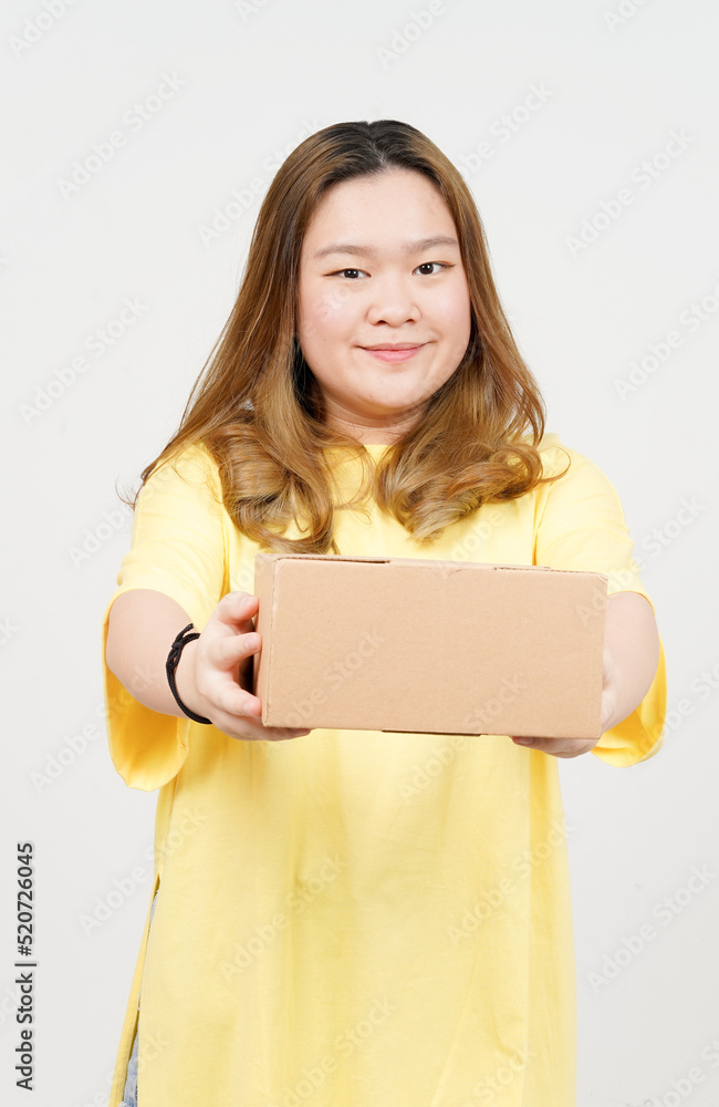 Holding Package Box or Cardboard Box of Beautiful Asian Woman wearing yellow T-Shirt Holding Package Box or Cardboard Box of Beautiful Asian Woman wearing yellow T-Shirt