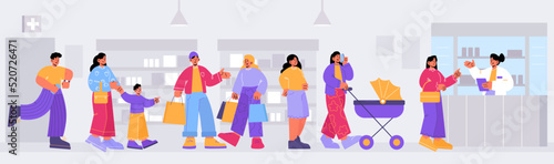 People standing in queue in pharmacy. Vector flat illustration of drugstore with pharmacist and shoppers waiting in long line with woman with baby carriage, boy and pregnant woman